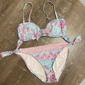 Lilly Pulitzer Blue & Pink Pinchers Picnic Resort Two Piece Bikini Bathing Suit